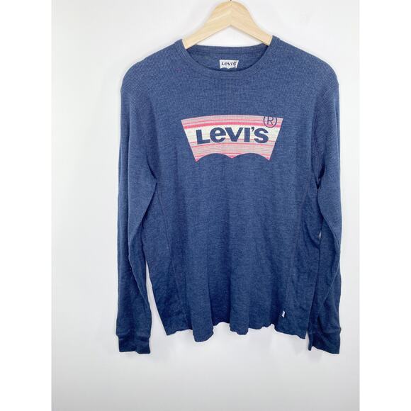 Levi's Blue Thermal Waffle Knit Long Sleeve Logo Shirt Men's Size Medium M - Picture 1 of 7